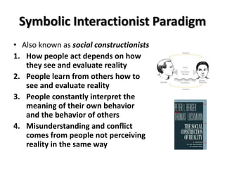 Symbolic Interactionist Paradigm
• Also known as social constructionists
1. How people act depends on how
   they see and evaluate reality
2. People learn from others how to
   see and evaluate reality
3. People constantly interpret the
   meaning of their own behavior
   and the behavior of others
4. Misunderstanding and conflict
   comes from people not perceiving
   reality in the same way
 