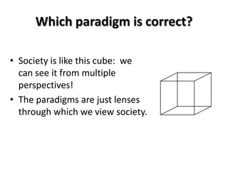Which paradigm is correct?

• Society is like this cube: we
  can see it from multiple
  perspectives!
• The paradigms are just lenses
  through which we view society.
 