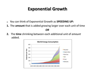Exponential Growth

  You can think of Exponential Growth as SPEEDING UP:
1. The amount that is added growing larger over each unit of time
                                 OR
2. The time shrinking between each additional unit of amount
    added.
 