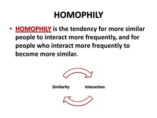 HOMOPHILY
• HOMOPHILY is the tendency for more similar
people to interact more frequently, and for
people who interact more frequently to
become more similar.

Similarity

Interaction

 