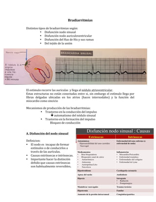 Bradiarritmias	
  
	
  
Distintos	
  tipos	
  de	
  bradiarritmias	
  según:	
  
• Disfunción	
  nodo	
  sinusal	
  
• Disfunción	
  nodo	
  auriculoventricular	
  
• Disfunción	
  del	
  Haz	
  de	
  His	
  y	
  sus	
  ramas	
  
• Del	
  tejido	
  de	
  la	
  unión	
  
	
  
El	
  estimulo	
  recorre	
  las	
  auriculas	
  	
  y	
  llega	
  al	
  nódulo	
  atrioventricular.	
  
Estas	
  estructuras	
  no	
  están	
  conectadas	
  entre	
  si,	
  sin	
  embargo	
  el	
  estímulo	
  llega	
  por	
  
fibras	
   delgadas	
   ubicadas	
   en	
   los	
   atrios	
   (haces	
   internodales)	
   y	
   la	
   función	
   del	
  
miocardio	
  como	
  sincicio	
  
	
  
Mecanismos	
  de	
  producción	
  de	
  las	
  bradiarritmias:	
  	
  
• Trastorno	
  en	
  la	
  conducción	
  del	
  impulso	
  
	
   	
  	
  	
  	
  	
  	
  	
  	
  	
  	
  	
  	
  	
  	
  	
  	
  	
  	
  	
  	
  	
  	
  	
  	
   	
  	
  	
  	
  automatismo	
  del	
  nódulo	
  sinusal	
  
• Trastorno	
  en	
  la	
  formación	
  del	
  impulso	
  
	
   	
  	
  	
  	
  	
  	
  	
  	
  	
  	
  	
  	
  	
  	
  	
  	
  	
  	
  	
  	
  	
  	
  	
  	
   	
  	
  Bloqueo	
  de	
  conducción	
  
	
  
	
  
A.	
  Disfunción	
  del	
  nodo	
  sinusal	
  
	
  
Definicion:	
  
• El	
  nodo	
  es	
  	
  incapaz	
  de	
  formar	
  
estímulos	
  o	
  de	
  conducirlos	
  a	
  
través	
  de	
  las	
  aurículas.	
  	
  
• Causas	
  extrínsecas	
  e	
  intrínsecas.	
  
• Importante	
  hacer	
  la	
  distinción	
  
debido	
  que	
  causas	
  extrínsecas	
  
son	
  habitualmente	
  reversibles.	
  
	
  	
  
	
  	
  
	
  
	
  
 