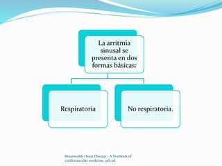 La arritmia
sinusal se
presenta en dos
formas básicas:
Respiratoria No respiratoria.
Braunwalds Heart Disease - A Textbook of
cardiovascular medicine, 9th ed.
 