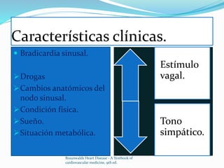 Características clínicas.
 Bradicardia sinusal.
Drogas
Cambios anatómicos del
nodo sinusal.
Condición física.
Sueño.
Situación metabólica.
Estímulo
vagal.
Tono
simpático.
Braunwalds Heart Disease - A Textbook of
cardiovascular medicine, 9th ed.
 