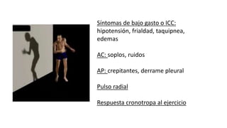 Síntomas de bajo gasto o ICC:
hipotensión, frialdad, taquipnea,
edemas
AC: soplos, ruidos
AP: crepitantes, derrame pleural
Pulso radial
Respuesta cronotropa al ejercicio
 