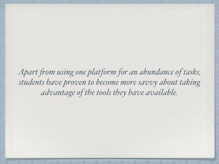 Apart from using one platform for an abundance of tasks,
students have proven to become more savvy about taking
advantage of the tools they have available.
 