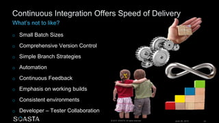 June 26, 2015 25© 2015 SOASTA. All rights reserved.
o Small Batch Sizes
o Comprehensive Version Control
o Simple Branch Strategies
o Automation
o Continuous Feedback
o Emphasis on working builds
o Consistent environments
o Developer – Tester Collaboration
 
