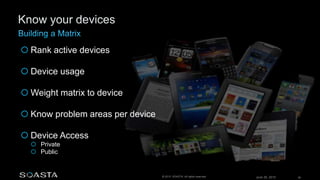 June 26, 2015 38© 2015 SOASTA. All rights reserved.
 Rank active devices
 Device usage
 Weight matrix to device
 Know problem areas per device
 Device Access
 Private
 Public
 