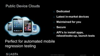 June 26, 2015 42© 2015 SOASTA. All rights reserved.
o Dedicated
o Latest in-market devices
o Maintained for you
o Secure
o API’s to install apps,
reboot/wake-up, launch tests
Perfect for automated mobile
regression testing
 