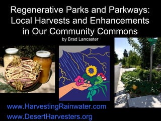 Regenerative Parks and Parkways:
Local Harvests and Enhancements
in Our Community Commons
by Brad Lancaster
www.HarvestingRainwater.com
www.DesertHarvesters.org
 