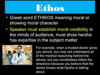 Ethos
• Greek word ETHIKOS meaning moral or
showing moral character
• Speaker must establish moral credibility in
the minds of audience, must show he/she
has expertise in the subject matter
For example, when a trusted doctor gives
you advice, you may not understand all
of the medical reasoning behind the
advice, but you nonetheless follow the
directions because you believe that the
doctor knows what he/she is talking
about.

 
