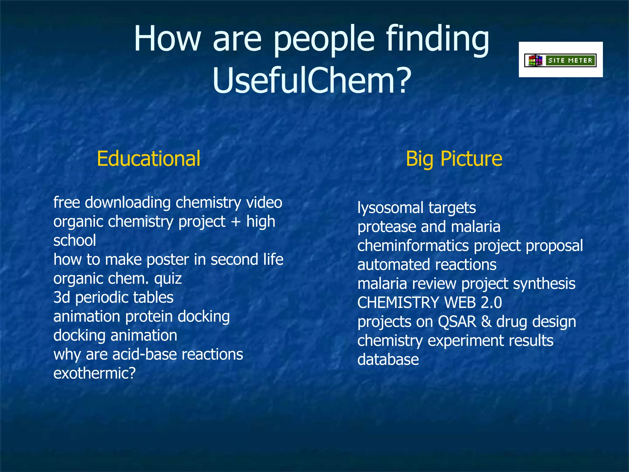How are people finding UsefulChem? free downloading chemistry video organic chemistry project + high school how to make poster in second life organic chem. quiz 3d periodic tables animation protein docking docking animation why are acid-base reactions exothermic? lysosomal targets protease and malaria cheminformatics project proposal automated reactions malaria review project synthesis CHEMISTRY WEB 2.0 projects on QSAR & drug design chemistry experiment results database Educational Big Picture 