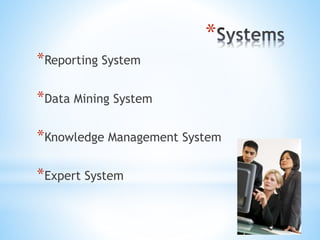 *
*Reporting System
*Data Mining System
*Knowledge Management System
*Expert System
 