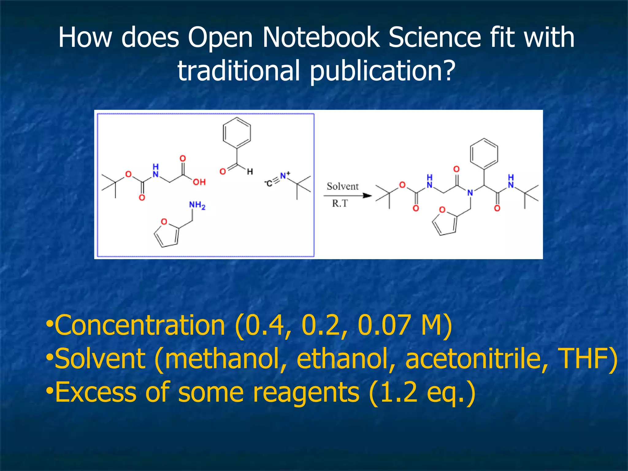 Concentration (0.4, 0.2, 0.07 M) Solvent (methanol, ethanol, acetonitrile, THF) Excess of some reagents (1.2 eq.) How does Open Notebook Science fit with traditional publication?
