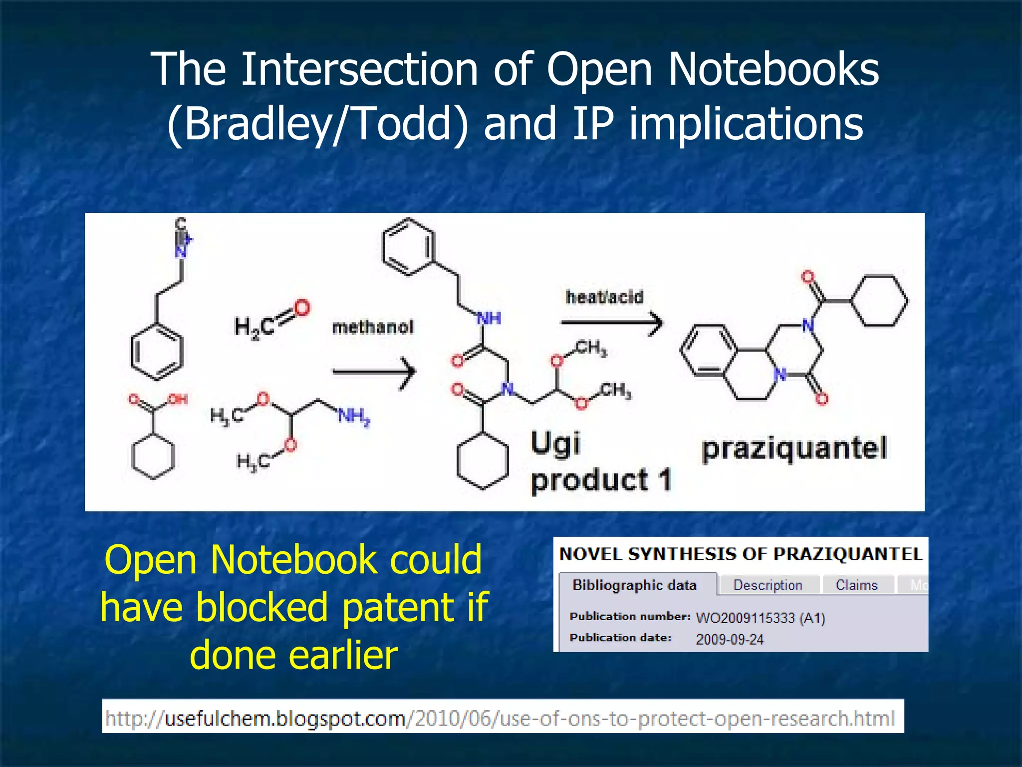 The Intersection of Open Notebooks (Bradley/Todd) and IP implications Open Notebook could have blocked patent if done earlier