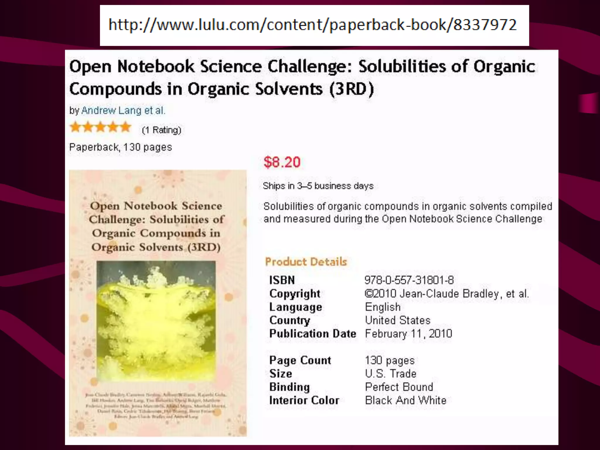 Web service calls from within a Google Spreadsheet for solubility measurement and prediction(Andrew Lang)