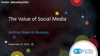 Twitter: @BradleyJLittle




      The Value of Social Media

      Getting Down to Business

      September 15, 2010
 