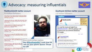 Advocacy: measuring influentials
ThatKevinSmith twitter account                          Southwest Airlines twitter account
1.6 million followers                                   1.0 million followers




                     Kevin Smith twitpic caption:
                     Hey @SouthwestAir! Look how fat
                     I am on your plane! Quick! Throw
                     me off!

                                                                                             17
 