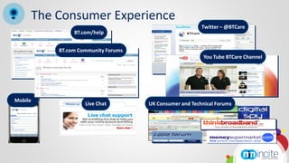 The Consumer Experience
                                                              Twitter – @BTCare
                      BT.com/help


                BT.com Community Forums
                                                               You Tube BTCare Channel




          BT.com Community Forums

Mobile
                           Live Chat      UK Consumer and Technical Forums
 