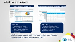 What do we deliver?
        Client Dashboard Tools & API     Analyst Research Reports & Strategic Services




       Use It For:                             Use It For:
        At a glance brand metrics             • Longitudinal brand tracking
        Self-service brand monitoring         • Adjusting key launches, events
        Analyst-Grade research tool           • Deeper, brand Insights
        Integration with other                • Informing strategy
          applications

     All of the above supported by our local Social Media Analysts
     and/or Digital Strategic Services Consultants
 
