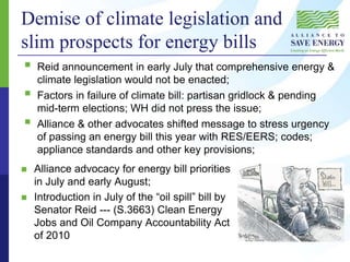 Demise of climate legislation and
slim prospects for energy bills
 Alliance advocacy for energy bill priorities
in July and early August;
 Introduction in July of the “oil spill” bill by
Senator Reid --- (S.3663) Clean Energy
Jobs and Oil Company Accountability Act
of 2010
 Reid announcement in early July that comprehensive energy &
climate legislation would not be enacted;
 Factors in failure of climate bill: partisan gridlock & pending
mid-term elections; WH did not press the issue;
 Alliance & other advocates shifted message to stress urgency
of passing an energy bill this year with RES/EERS; codes;
appliance standards and other key provisions;
 
