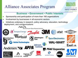 Alliance Associates Program
Business ▪ Government ▪ Public Interests
 Sponsorship and participation of more than 160 organizations
 Involvement by businesses in all economic sectors
 Initiatives underway in research, policy advocacy, education, technology
deployment, and communications
 