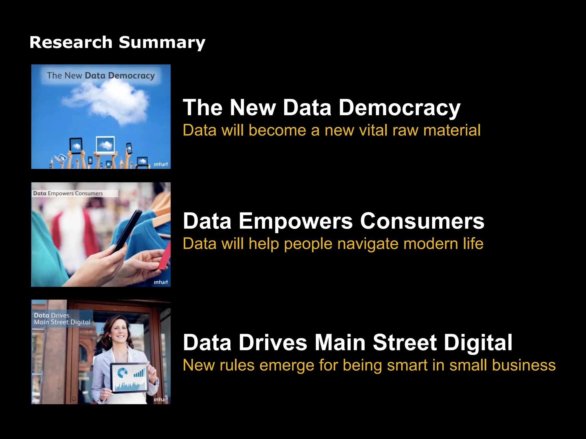 Research Summary



             The New Data Democracy
             Data will become a new vital raw material




             Data Empowers Consumers
             Data will help people navigate modern life




             Data Drives Main Street Digital
             New rules emerge for being smart in small business
 