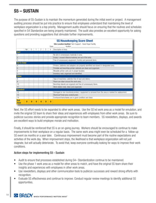 S5 – SUSTAIN
     The purpose of S5-Sustain is to maintain the momentum generated during the initial event or project. A management
     auditing process should be put into practice to ensure that employees understand that maintaining the level of
     workplace organization is a top priority. Management audits should focus on ensuring that the routines and schedules
     specified in S4 Standardize are being properly maintained. The audit also provides an excellent opportunity for asking
     questions and providing suggestions that stimulate further improvements.

                                               5S Housekeeping Score Sheet
                                            Site Location Audited: Tech Support - Good Hope Facility
                                       Date:___________ Auditor:____________________________
                  NA   0   1   2   3   4 Description of Area
       Sort
       1                                   No old or unnecessary materials in area.
       2                                   Empty / unused ribbons/materias are out of the area.
       3                                   Free of unnecessary equipment, furnitre and personal items.
       Set In Order
       4                                   Printers, batteries and adapters are properly identified and stoerd in designated area.
       5                                   Portable and benchtop printer cabinets are clean and organized.
       6                                   Movable pritner carts are in proper location.
       7                                   Inventory neat, organized and identified.
       Shine
       8                                   Tops of machines, cabinets free of dust and debris.
       9                                   Floors are clean around the work area.
       10                                  Benchtop islands are orgaized and free of unnecessary items.
       11                                  Work station neat, clean and organized.
       Standard
       12                                  Damaged or non-functional printers / equipment is removed from the area or marked for replacement.
       13                                  Electrical Panel area unobstructed.
       14                                  Furniture/chairs/desks are in good condition and clean.
       Sub
                   0   0   0   0   0   0
       Total


     Next, the 5S effort needs to be expanded to other work areas. Use the 5S’ed work area as a model for emulation, and
     invite the original 5S team to share their ideas and experiences with employees from other work areas. Be sure to
     publicize success stories and provide appropriate recognition to team members. 5S newsletters, displays, and awards
     are excellent ways to build employee morale and motivation.

     Finally, it should be reinforced that 5S is an on-going journey. Workers should be encouraged to continue to make
     improvements to their workplace on a regular basis. The same work area might even be scheduled for a follow-up
     5S event six months or a year later. Continuous improvement must become part of the routine expectations and
     activities of the work day. When improvement stops, the likelihood is that workplace organization will not just
     stagnate, but will actually deteriorate. To avoid that, keep everyone continually looking for ways to improve their work
     conditions.

     Action steps for implementing S5 - Sustain

     • Audit to ensure that processes established during S4– Standardization continue to be maintained.
     • Use the phase 1 work area as a model for other areas to match, and have the original 5S team share their
       insights and experiences with employees in other work areas.
     • Use newsletters, displays and other communication tools to publicize successes and reward strong efforts with
       recognition.
     • Evaluate 5S effectiveness and continue to improve. Conduct regular review meetings to identify additional 5S
       opportunities.



14
 