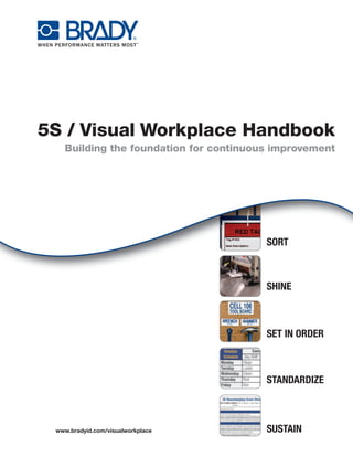 5S / Visual Workplace Handbook
   Building the foundation for continuous improvement




                                        SORT



                                        SHINE



                                        SET IN ORDER



                                        STANDARDIZE



 www.bradyid.com/visualworkplace        SUSTAIN
 