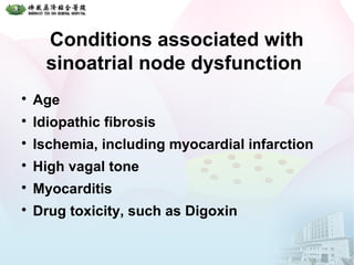 Conditions associated with
sinoatrial node dysfunction

Age

Idiopathic fibrosis

Ischemia, including myocardial infarction

High vagal tone

Myocarditis

Drug toxicity, such as Digoxin
 