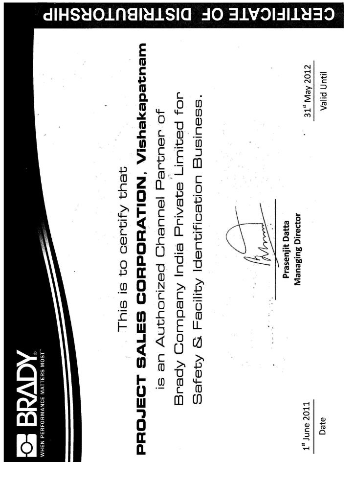 Brady Distributorship Certificate for Project Sales Corp