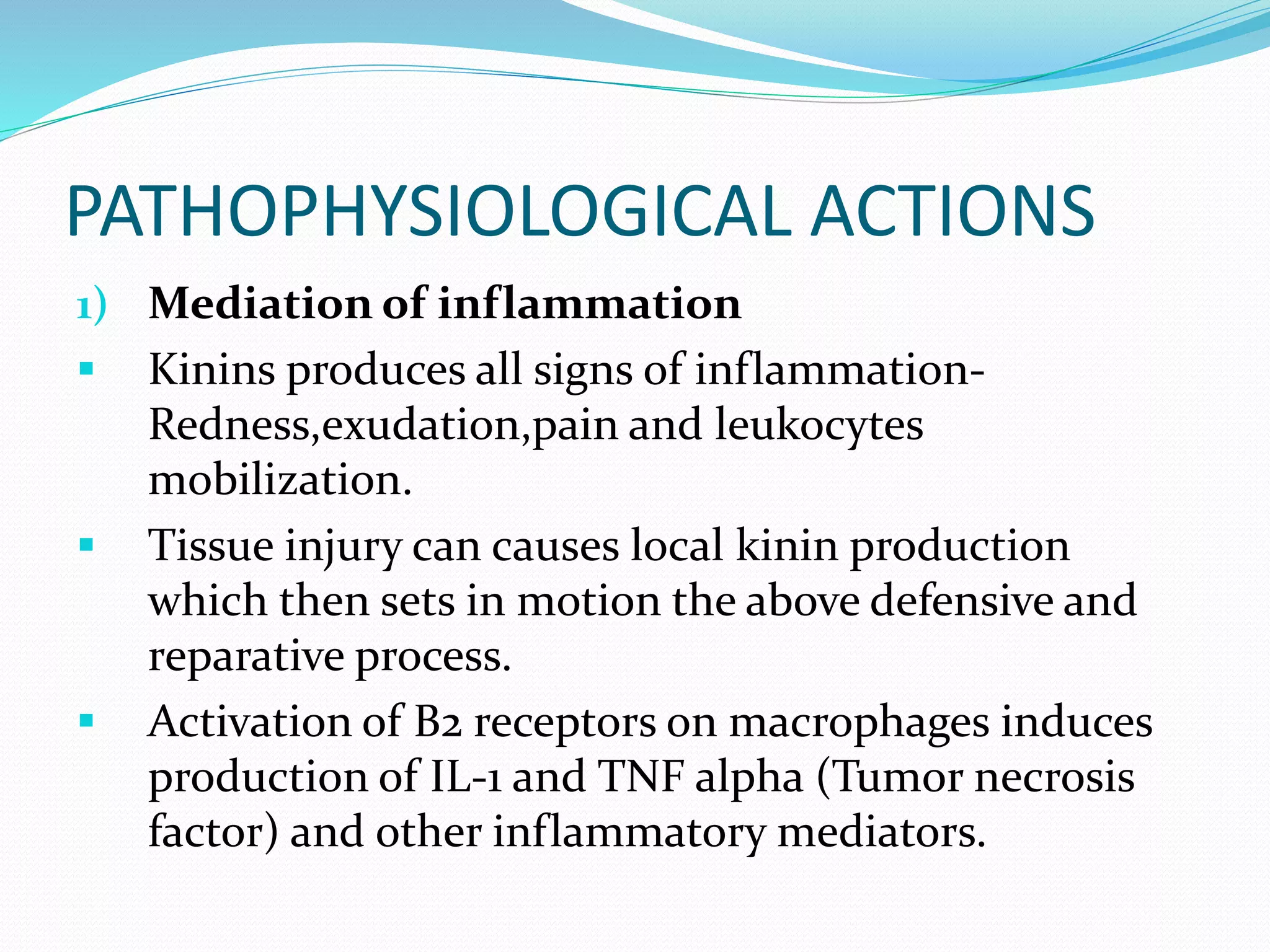 PATHOPHYSIOLOGICAL ACTIONS
1) Mediation of inflammation
 Kinins produces all signs of inflammation-
Redness,exudation,pain and leukocytes
mobilization.
 Tissue injury can causes local kinin production
which then sets in motion the above defensive and
reparative process.
 Activation of B2 receptors on macrophages induces
production of IL-1 and TNF alpha (Tumor necrosis
factor) and other inflammatory mediators.
 
