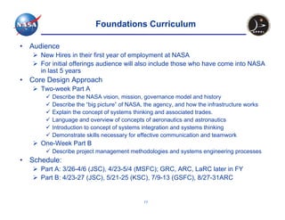 Foundations Curriculum

•   Audience
       New Hires in their first year of employment at NASA
       For initial offerings audience will also include those who have come into NASA
       in last 5 years
•   Core Design Approach
       Two-week Part A
          Describe the NASA vision, mission, governance model and history
          Describe the “big picture” of NASA, the agency, and how the infrastructure works
          Explain the concept of systems thinking and associated trades.
          Language and overview of concepts of aeronautics and astronautics
          Introduction to concept of systems integration and systems thinking
          Demonstrate skills necessary for effective communication and teamwork
       One-Week Part B
          Describe project management methodologies and systems engineering processes
•   Schedule:
       Part A: 3/26-4/6 (JSC), 4/23-5/4 (MSFC); GRC, ARC, LaRC later in FY
       Part B: 4/23-27 (JSC), 5/21-25 (KSC), 7/9-13 (GSFC), 8/27-31ARC


                                             11
 