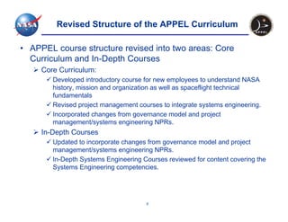Revised Structure of the APPEL Curriculum

• APPEL course structure revised into two areas: Core
  Curriculum and In-Depth Courses
     Core Curriculum:
        Developed introductory course for new employees to understand NASA
        history, mission and organization as well as spaceflight technical
        fundamentals
        Revised project management courses to integrate systems engineering.
        Incorporated changes from governance model and project
        management/systems engineering NPRs.
     In-Depth Courses
        Updated to incorporate changes from governance model and project
        management/systems engineering NPRs.
        In-Depth Systems Engineering Courses reviewed for content covering the
        Systems Engineering competencies.




                                      8
 
