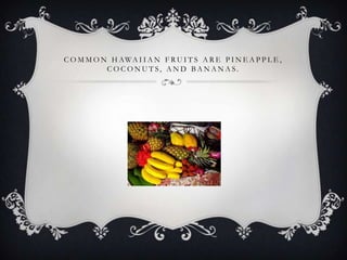 C O M M O N H AW A I I A N F R U I T S A R E P I N E A P P L E ,
           COCONUTS, AND BANANAS.
 