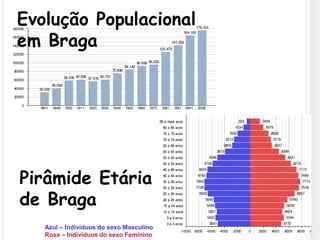 Evolução Populacional em Braga  Pirâmide Etária de Braga Azul – Indivíduos do sexo MasculinoRosa – Indivíduos do sexo Feminino