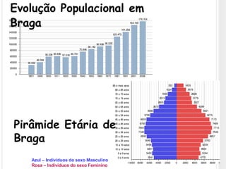 Evolução Populacional em Braga Pirâmide Etária de Braga Azul – Indivíduos do sexo MasculinoRosa – Indivíduos do sexo Feminino