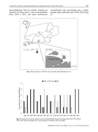 IHERINGIA, Sér. Bot., Porto Alegre, v. 69, n. 2, p. 267-276, dezembro 2014
Composição e estrutura da comunidade ﬁtobentônica do infralitoral da praia de Itaipu, Niterói, Brasil: ... 269
aproximadamente 30m de extensão, formado por
matacões de rochas entre 2 a 4m de profundidade.
Entre 2010 e 2011, esta praia encontrava-se
constantemente não recomendada para o banho,
segundo dados publicados pelo INEA (2012) (Fig.
2).
Fig. 1. Praia de Itaipu em Niterói com o local de estudo indicado por seta.
Fig. 2. Frequência mensal (em número de dias) de balneabilidade da praia de Itaipu entre 2010 e 2011 (INEA,
2012). NR= não recomendado, CR= com restrições, L=liberada e SD= sem dados.
4 artigo praia itaipu.indd 3 17/12/2014 09:39:58
 