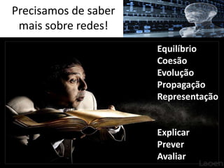 Precisamos de saber mais sobre redes!Desafios do eadEquilíbrioCoesãoEvoluçãoPropagaçãoRepresentaçãoExplicarPreverAvaliar