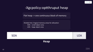 -Xgcpolicy:optthruput heap
13
Flat heap -> one continuous block of memory
Heap
SOA LOA
Divided into 2 logical memory areas for allocation
SOA – small object area
LOA – large object area
 