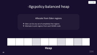 -Xgcpolicy:balanced heap
48
Allocate from Eden regions
v Eden can be any set of completely free regions
v Attempts to pick regions from each NUMA node
Heap
 