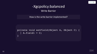 -Xgcpolicy:balanced
53
How is the write barrier implemented?
Write Barrier
private void setField(Object A, Object C) {
| A.field1 = C;
}
 