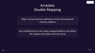 67
Arraylets
Double Mapping
Map 2 virtual memory addresses to the same physical
memory address
Any modifications to the newly mapped address will reflect
the original array data, and vice-versa
 