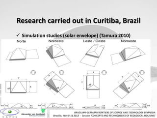 Research carried out in Curitiba, Brazil
 Simulation studies (solar envelope) (Tamura 2010)




                                   BRAZILIAN-GERMAN FRONTIERS OF SCIENCE AND TECHNOLOGY SYMPOSIA
                Brasilia, Nov 8-11 2012 - Session ‘CONCEPTS AND TECHNOLOGIES OF ECOLOGICAL HOUSING’
 