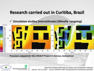 Research carried out in Curitiba, Brazil
 Simulation studies (microclimate) (Minella –ongoing)




Procedure adopted for the SOVALP Project in Geneva, Switzerland



                                        BRAZILIAN-GERMAN FRONTIERS OF SCIENCE AND TECHNOLOGY SYMPOSIA
                     Brasilia, Nov 8-11 2012 - Session ‘CONCEPTS AND TECHNOLOGIES OF ECOLOGICAL HOUSING’
 