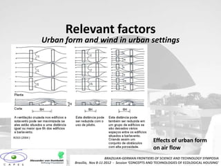 Relevant factors
                Urban form and wind in urban settings




ROSSI (2004 )
                                                                     Effects of urban form
                                                                     on air flow
                                           BRAZILIAN-GERMAN FRONTIERS OF SCIENCE AND TECHNOLOGY SYMPOSIA
                        Brasilia, Nov 8-11 2012 - Session ‘CONCEPTS AND TECHNOLOGIES OF ECOLOGICAL HOUSING’
 