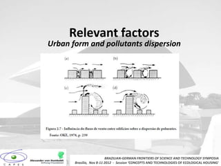 Relevant factors
Urban form and pollutants dispersion




                          BRAZILIAN-GERMAN FRONTIERS OF SCIENCE AND TECHNOLOGY SYMPOSIA
       Brasilia, Nov 8-11 2012 - Session ‘CONCEPTS AND TECHNOLOGIES OF ECOLOGICAL HOUSING’
 