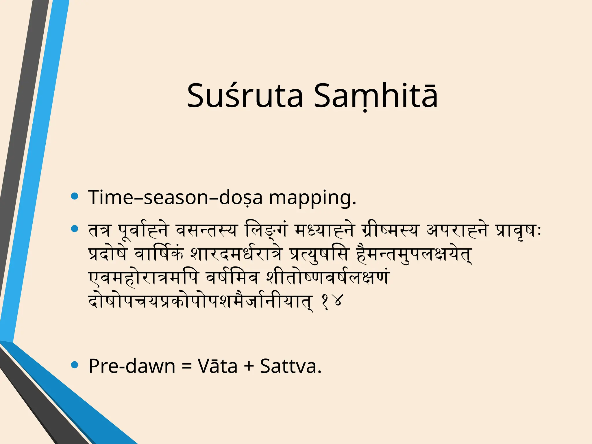 Suśruta Saṃhitā
• Time–season–doṣa mapping.
• तत्र पूर्वाह्ने वसन्तस्य लिङ्गं मध्याह्ने ग्रीष्मस्य अपराह्ने प्रावृषः
प्रदोषे वार्षिकं शारदमर्धरात्रे प्रत्युषसि हैमन्तमुपलक्षयेत्
एवमहोरात्रमपि वर्षमिव शीतोष्णवर्षलक्षणं
दोषोपचयप्रकोपोपशमैर्जानीयात् १४
• Pre-dawn = Vāta + Sattva.
 
