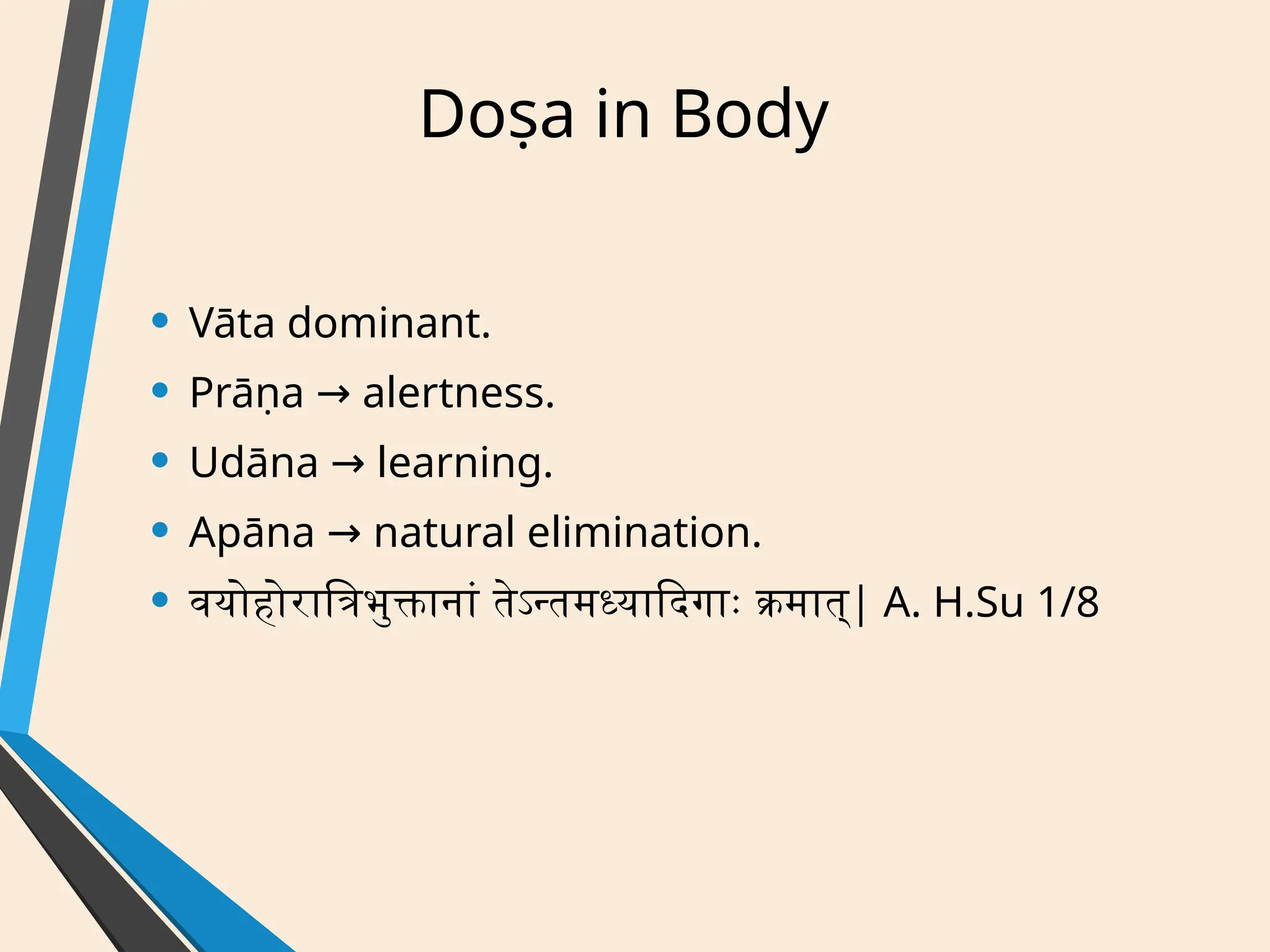 Doṣa in Body
• Vāta dominant.
• Prāṇa alertness.
→
• Udāna learning.
→
• Apāna natural elimination.
→
• वयोहोरात्रिभुक्तानां तेऽन्तमध्यादिगाः क्रमात्| A. H.Su 1/8
 