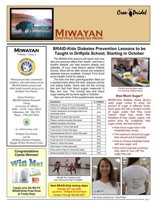 Volume 1, Issue 3

Miwayan provides community
members with information on the
BRAID diabetes project and
other health research going on in
Driftpile First Nation.
Editor/Publisher:
BRAID Diabetes Research
Group
University of Alberta
8308 – 114 St., Suite 1005A
Edmonton, AB T6G 2V2
Phone: (780) 407-8456

~ in collaboration with ~
Driftpile First Nation
and the
Driftpile Diabetes Program,
Maggie Willier Wellness Centre

Congratulations
Cassie Okimaw!

BRAID-Kids Diabetes Prevention Lessons to be
Taught in Driftpile School, Starting in October
The BRAID-Kids lessons will teach kidsPRIDE!
CREE how
diet and exercise affect their health, and how a
healthy lifestyle can help prevent obesity and
diabetes. (If your child doesn’t attend Driftpile
School, there will be after school and weekend
diabetes lessons available. Contact Trina Scott
at the Health Cente for details.)
The kids and their parent/guardian filled out
a questionnaire about the kids’ physical activity
and eating habits. Some kids did the running
Portion-size displays used
test and had their blood sugars measured in
for teaching healthy eating
May and July. The running test and blood
sugar testing will be done again in October.
How Much Sugar?
Here are some of the questionnaire results:
BRAID-Kids Dietitian (Karie Quinn)
Questions
% children
used sugar cubes to show the
Watches 4+ hours of TV on Saturdays
10%
amount of sugar in different foods.
Child’s TV viewing is limited in household
51%
Karie gave the kids a limited number
Family member(s) encourage child to be
of sugar cubes that they could
57%
physically active
“spend” when they chose their
Belonged to a team last summer
42%
breakfast of fruit, cereal, yogurt, milk
Played outside everyday that week
63%
and/or juice. By “budgeting” their
Walked everyday that week
53%
sugar cubes, the kids learned:
Vegetables 4+ times that week
47%
How much sugar was in the
Fresh fruit 4+ times that week
63%
breakfast they chose;
Pop/sweetened drink 4+ times that week
51%
The maximum amount of sugar
Pizza 2+ times that week
33%
they should eat at breakfast;
Fried bannock 2+ times that week
16%
How to choose breakfast foods
Pasta 2+ times that week
49%
with less sugar; and
Wild meat 4+ times that week
22%
How much exercise (running)
Fries and/or chips 2+ times that week
61%
they need to “burn off” the
Restaurant/fast food 3+ times that week
33%
sugar they eat.

Shuttle Run Testing at the
new Community Hall in Driftpile

Cassie won the Wii Fit
BRAID-Kids Prize Draw
at Treaty Days

Next BRAID-Kids testing dates
October 25th and 26th
Location: Driftpile School Gym
Contact Trina @ 780-355-3931
Trina Scott, showing her “Cree Pride”!
pg. 1

 