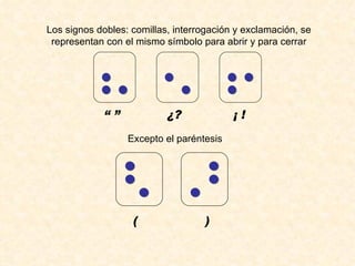 Los signos dobles: comillas, interrogación y exclamación, se representan con el mismo símbolo para abrir y para cerrar “ ”  ¿?  ¡ !  Excepto el paréntesis (  ) 